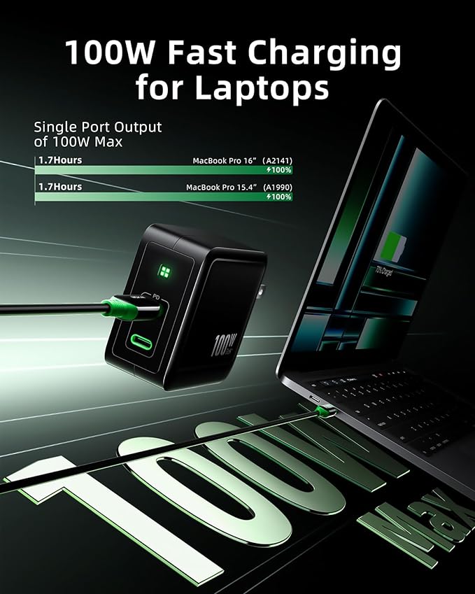 USB C Charger Block, 100W GaN+ Dual Port USB C Fast Charging Block Foldable Compact Wall Charging Power Adapter for MacBook Pro/Air, iPad, iPhone Series, Galaxy S24/S23, and More