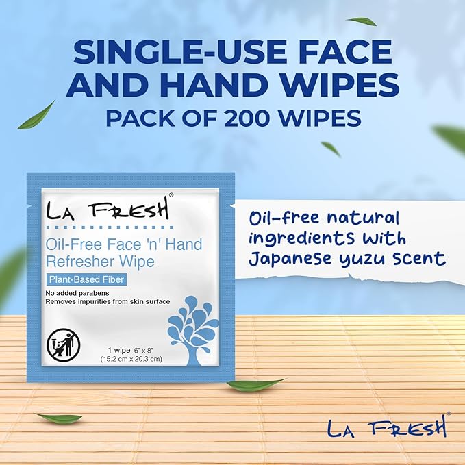 La Fresh Oil-Free Face ‘N’ Hand Refresher Wipes, Made With Natural Japanese Yuzu Scent, Pack of 200 Individually Wrapped Cleansing Wipes, Travel Essentials