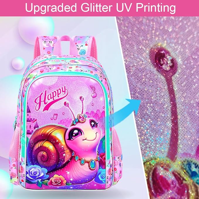 16" Backpack for Girls, 16" Kids Bookbag with Lunch Box，Snail School Backpacks for Elementary Preschool Kindergarten (Pink)