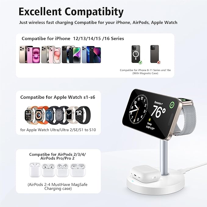 3 in 1 Wireless Charging Station for Multiple Devices, 15W Fast Magnetic Wireless Charger Stand with Adjustable Angle, Compatible with iPhone12-16 Series, Apple Watch, AirPods - Gifts for Men &Women