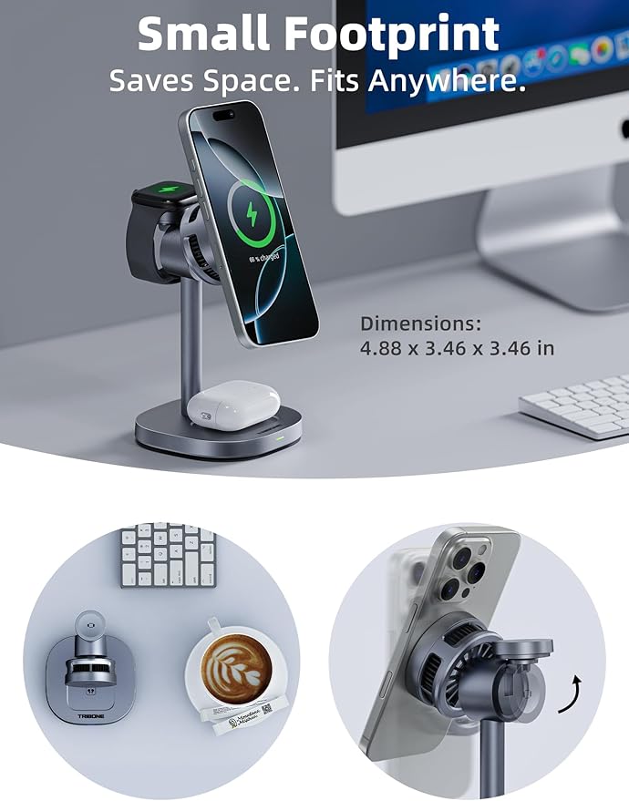2025 New TRIBONE 3 in 1 Magsafe Wireless Charger Stand for iPhone 16 Charger, Qi2 Certified 15W Wireless Charger, Fast Cooling Charger Station for iPhone 16/15/14/13/12, for Apple Watch, AirPods