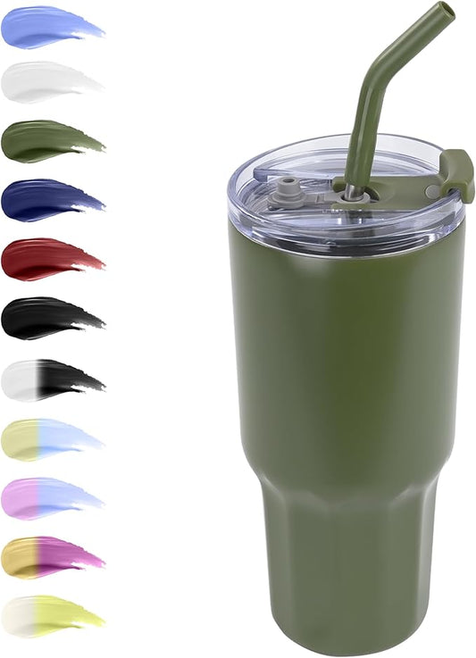 VEGOND 30 oz Insulated Stainless Steel Tumbler with lid and straw Double Wall Vacuum Travel Coffee Mug with Non-Slip Silicone Base, Sweat Proof Powder Coated Cup for Hot Cold Drinks, Army Green