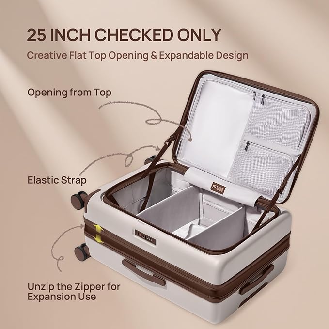 NINETYGO Medium Checked Luggage 25 Inch, Flat Top Opening Checking In Luggage with Cup Holder, Expandable, Coffee-Infused PC Hard Shell, Eco-Friendly, TSA Lock, 360° Spinner Wheels (Oats White)