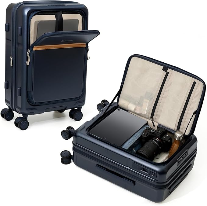 ROAMING Expandable 28-Inch Checked Luggage with Mute Brake Wheels Airline Approved Hard Shell Suitcases with Front Pocket Top Opening Luggage with TSA Lock for Short Business Travel, Glaze blue