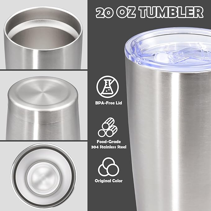 20oz Tumbler Bulk Stainless Steel Tumbler Cup with Lid Vacuum Insulated Double Wall Travel Mug, Durable Powder Coated Travel Coffee Tumbler Mug for Hot & Cold Drinks, Stainless Steel,12 Pack