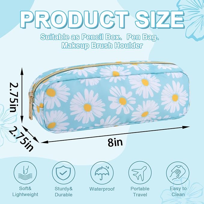 Waterproof Small Floral Pencil Case Makeup Bag for Purse,Cute Flower Pencil Pouch Preppy Nylon Makeup Brush Holder with Zipper,Girls Portable Storage Case Small Pen Bag for Work(Slim Blue-Daisy)