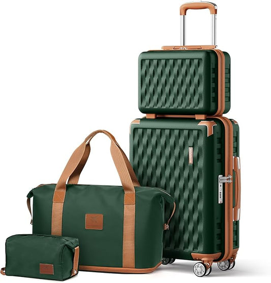 Melalenia Luggage Set 4 Piece Carry On, Hardside Suitcase with TSA Lock and Spinner Wheels, Carry-On Ailline Approved, Green Brown