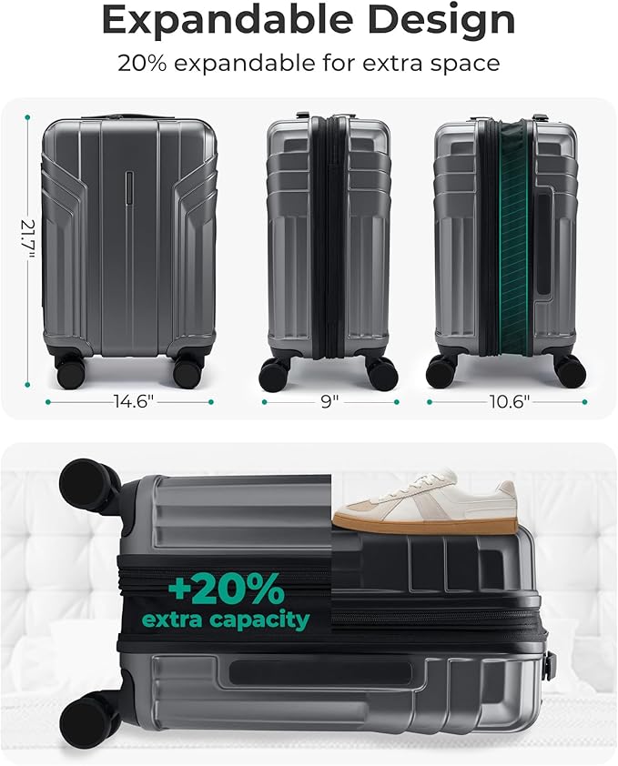 BAGSMART Expandable Carry On Luggage 22x14x9 Airline Approved, 1OO% PC Lightweight Hard Shell Suitcase, 20 Inch Travel Luggage with Spinner Wheels, Waterproof Rolling Suitcase, Gray…