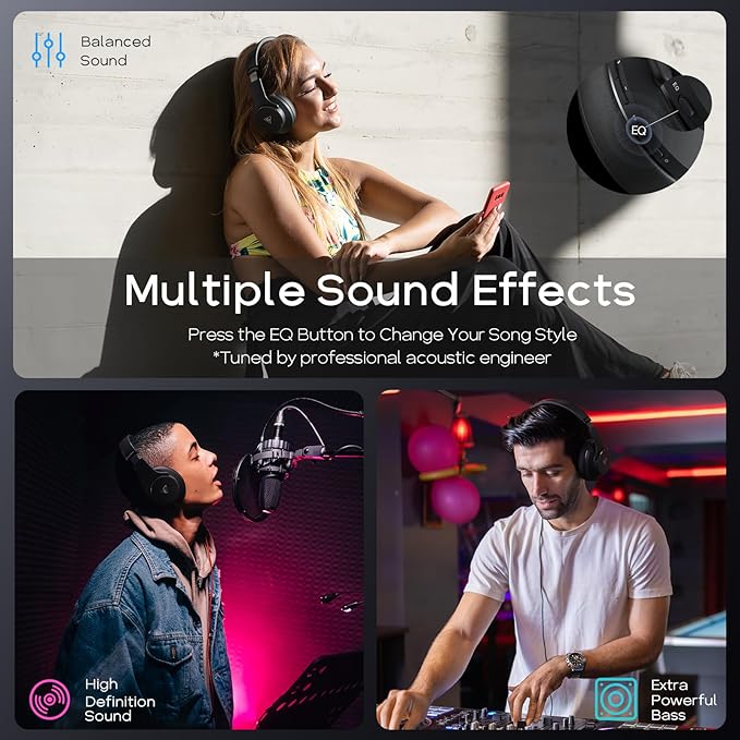 DOQAUS Bluetooth Headphones Over Ear Wireless Headphone, 90H Playtime and 3EQ Modes with Mic, HiFi Stereo Sound, Deep Bass, Memory Foam Cups, for Phone PC Travel Home Office