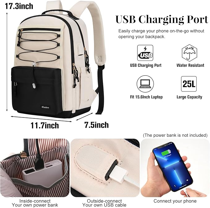 School Backpack for Teens Girls, Aesthetic College Backpack Large Bookbag for Women Students Fashion 15.6 Inch Laptop Bag for Work Travel (Black Beige)