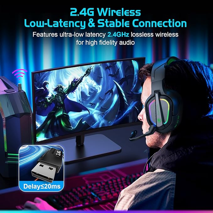 FC200 Wireless Gaming Headset for PS5, PS4-2.4GHz USB Foldable Headphones with Mic - 3D Stereo Bluetooth Headset with 50Hrs Battery Life, for Switch, PC, Mac, Mobile