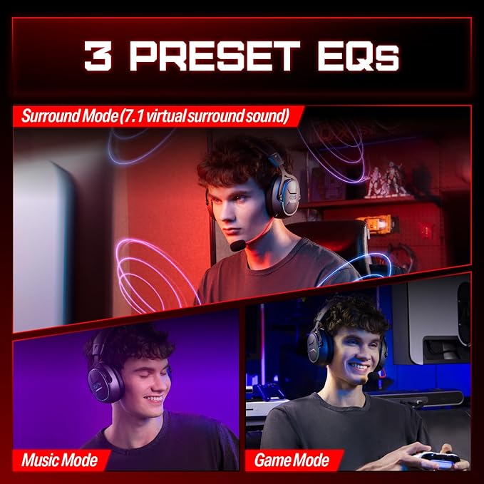 OXS Storm G2 Wireless Gaming Headsets, 7.1 Virtual Surround Sound, 3 EQ Modes, 2.4G Low Latency, 50mm Driver, 40H Playtime, RGB Light, Bluetooth 5.3, Compatible with PC, Console, Mobile, Black