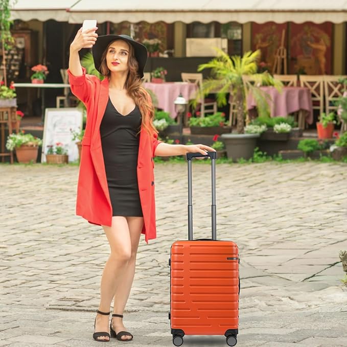 EMPSIGN Carry On Luggage with Spinner Wheels, Hard Shell Carry-On Expandable Suitcase 21x14x9 Airline Approved & Built-in TSA Lock, Durable Travel Rolling Suitcase, Carry-On 20-Inch, Orange