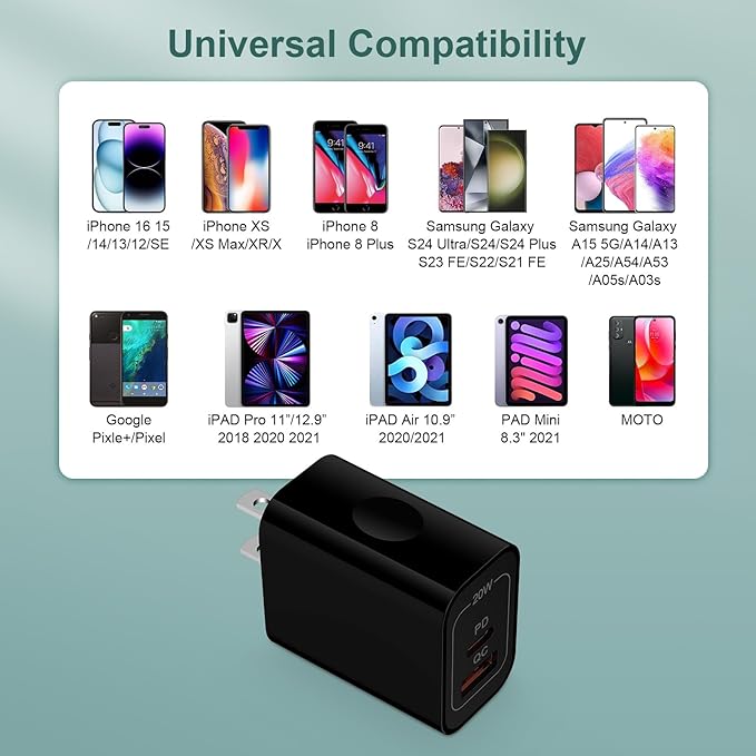 20W USB C Charger Cube,2-Pack Wall Plug Android Fast Charging Block, 2-Port PD+QC Power Adapter Type C Box for Samsung Galaxy S25 Ultra/S25 Plus/S24/S23/Watch Ultra 7/A36/A16/A26,iPhone 16e,Pixel 9A