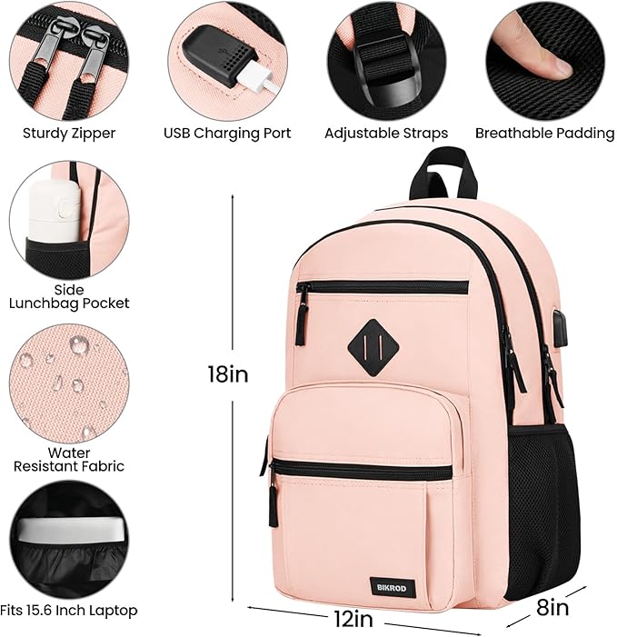 BIKROD Backpack for Girls Women, School Backpack for Teen Boys, Lightweight Casual High School Bookbag, Daily-use Travel Laptop Backpack with USB Charging Port Fits 15.6 Inch Notebook
