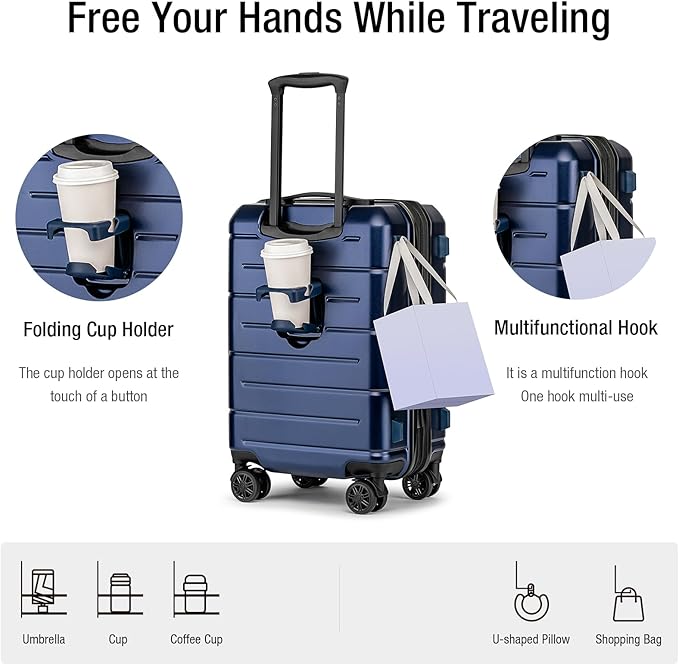 KYME Hardside Expandable Carry On Luggage 22x14x9 Airline Approved 20 Inch Hardshell Carry On Suitcase with Wheels TSA Lock Small Travel Rolling Luggage with Cup Holder for Women Men Navy