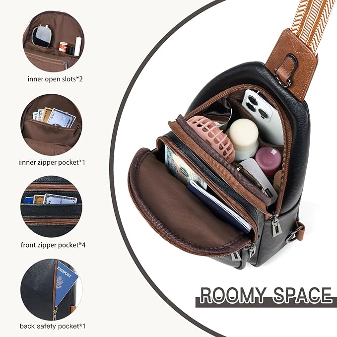 Sling Bag for Women Crossbody Fanny Pack Belt Bag Sling Purse Vegan Leather Trendy Travel Anti Theft Brown/Black