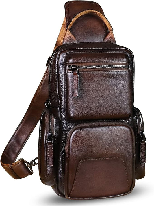 IVTG Genuine Leather Sling Bag Crossbody Casual Hiking Daypack Vintage Handmade Chest Bag Shoulder Backpack Motorcycle Pack (Coffee)