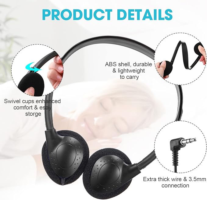 Konohan 30 Pack Kids Headphones Bulk for School Classroom Student Wired Headphones Adjustable with 3.5 mm Jack for Kids Adults(Black)