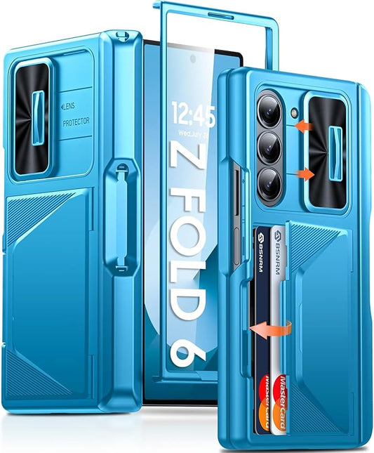 for Samsung Galaxy Z Fold 6 Case with Card Holder RFID Blocking & S Pen Holder& Slide Camera Cover& Hinge Protection& Full-Body Rugged Shockproof Wallet Case for Galaxy Z fold 6,Lake Blue