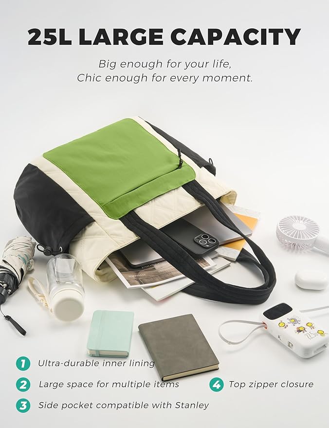 Tote Bag for Women, Lightweight Puffer bag with Zipper & Compartments, Quilted Shoulder Bag for Work, Travel,Gym