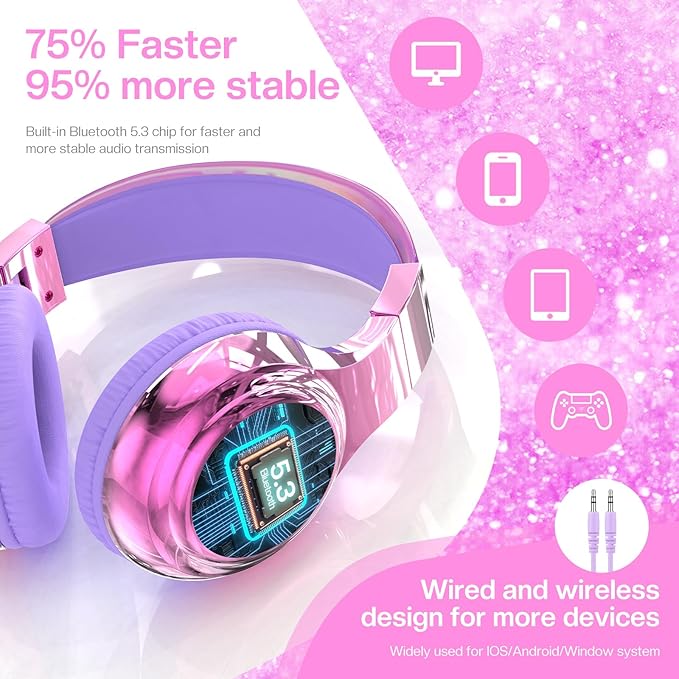 QearFun Kids Bluetooth 5.3 Headphones, Wireless Metallic Gradient Headset, Lightweight Foldable On Ear Headphones with Aux Cord, Fast Charging, Built-in Mic, for School/Travel/Tablet/iPad