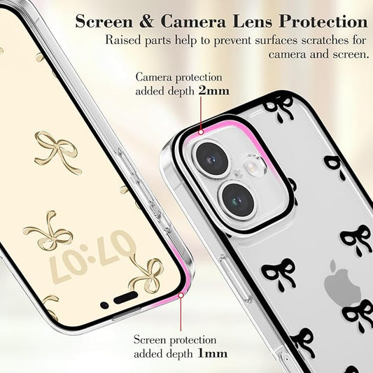 EYZUTAK Case for iPhone 16, Clear Cute Ribbon Bowknot Pattern Aesthetic Transparent Phone Case Raised Camera Protection Stylish Slim Soft Durable TPU Protective Cover for Women Girls - Black