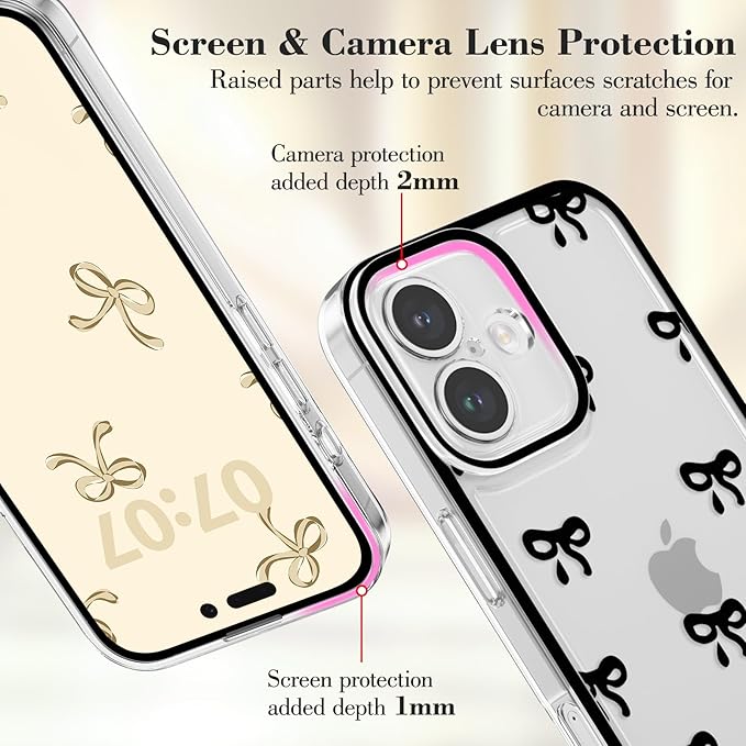 EYZUTAK Case for iPhone 16 Plus, Clear Cute Ribbon Bowknot Pattern Aesthetic Transparent Phone Case Raised Camera Protection Stylish Slim Soft Durable TPU Protective Cover for Women Girls - Black