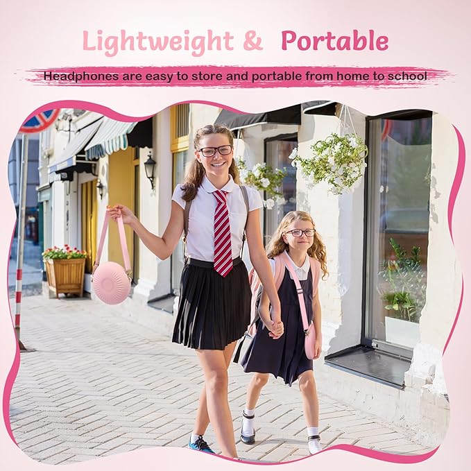Kids Wired Headphones with Microphone, Volume Limited to 85/94dB Pink Earphone for Girls, Foldable 3.5mm Jack Headset for School & Travel, Includes Portable Case