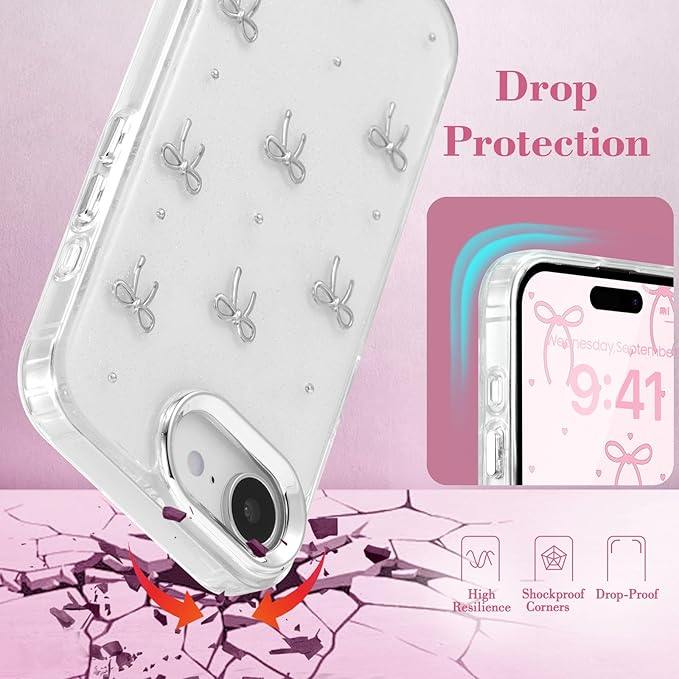 EYZUTAK Case for iPhone 16e, Bling Glitter 3D Bowknot Phone Case Cute Sparkly Crystal Clear Bow Aesthetic Design Cover Slim Soft Durable TPU Transparent Protective Cover for Women Girls - Bow