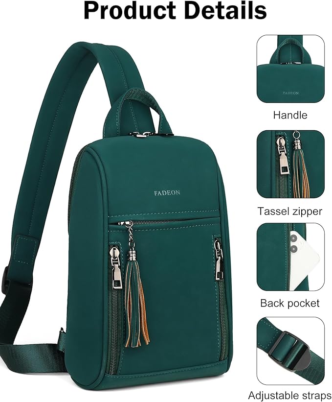 FADEON Sling Bag for Women, Crossbody Purse with Tassels, Designer Leather Shoulder Chest Bags for Travel