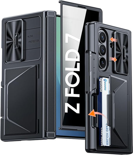 for Samsung Galaxy Z Fold 7 Case with Card Holder RFID Blocking [Privacy Screen Protector ] [Slide Lens Cover] [Hinge Protection] Shockproof Protective Phone Wallet Case for Z Fold 7 (Black)