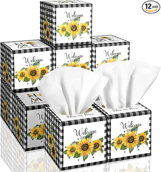 12 Pack Summer Sunflower Facial Tissues Cube Boxes 600 Sheets 3 Ply Small Black and White Plaid Sunflower Face Tissues Bulk for Summer Car Bedroom Supplies