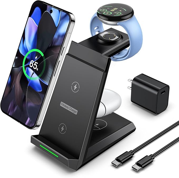 NANAMI Wireless Charger for Google - 3 in 1 Wireless Charging Station Fast Charger Stand Dock for Pixel 10/10 Pro/9/Fold/8/7,Buds Pro 2/Pro, Watch 3/2,Fitbit Versa 4/Sense 2(Not for Pixel Watch 1/4)