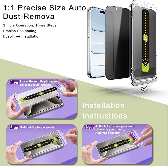 2 Pack Anti-Spy Privacy Screen Protector for iPhone Air (6.5-Inch),9H Tempered Glass,Full Coverage,Anti-Fingerprint,Auto Dust Removal,Bubble-Free,Easy Installation
