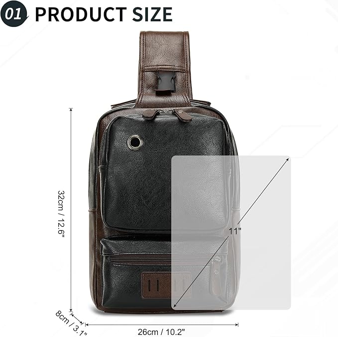 Vintage PU Leather Sling Backpack for Men, Crossbody Bag, Adjustable Shoulder Strap, Compact Backpack for Travel, Daily Use, and Gift, Black