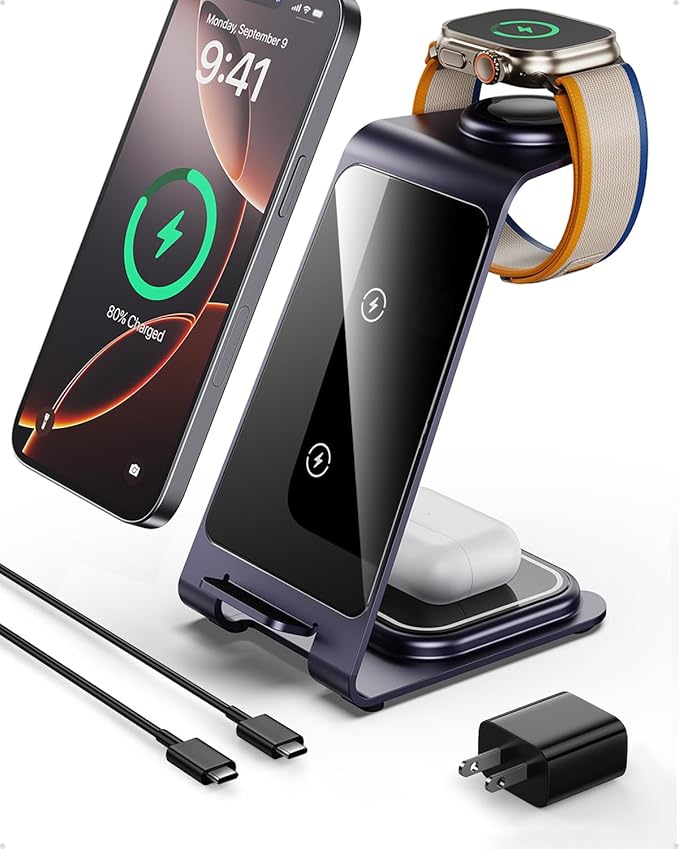 Intoval 3 in 1 Wireless Charging Station for iPhone 16 15 14 13 12 11 X Pro Max, Wireless Charger for Apple Watch Ultra 3 SE 9 8 7 6 5 4 3 2, for AirPods 4 Pro Pro 2 3 (Y93, Purple)