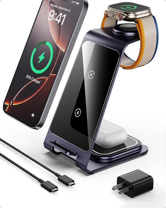 Intoval 3 in 1 Wireless Charging Station for iPhone 16 15 14 13 12 11 X Pro Max, Wireless Charger for Apple Watch Ultra 3 SE 9 8 7 6 5 4 3 2, for AirPods 4 Pro Pro 2 3 (Y93, Purple)