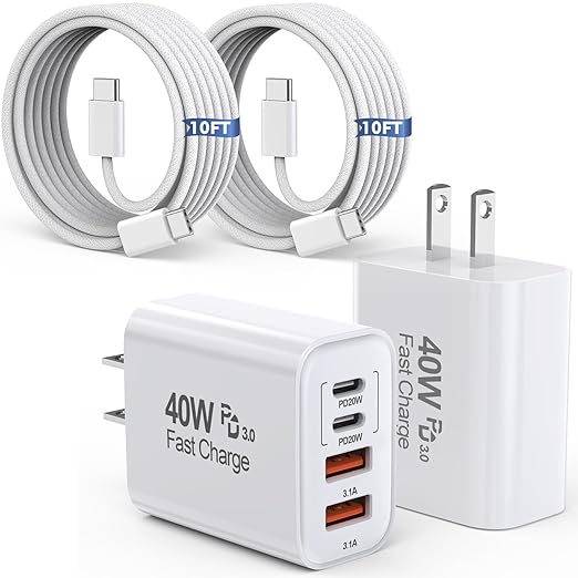 10FT iPhone 16 15 Pro Charger,2Pack 10Foot USB C to C Woven Cable Cord 40W USB C Apple Charger 4 Port PD&AC Charger Block Fast Charging for iPhone 16/16 Pro/16 Pro Max/16 Plus/15/15 Pro/15Pro Max/iPad