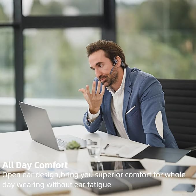 Bone Conduction Headphones with Boom Mic Bluetooth Open Ear Wireless Computer Headsets PC with Mic Noise Canceling Bluetooth Earphones with Microphone for Office Use Driving Meeting