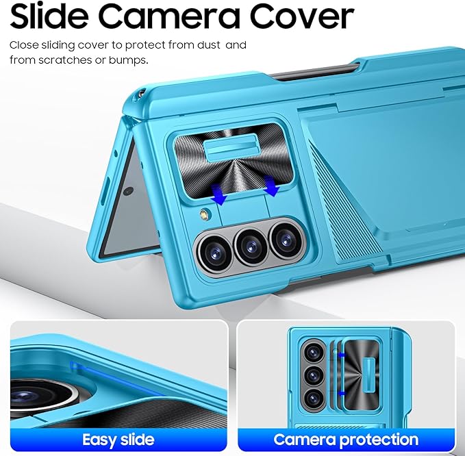 for Samsung Galaxy Z Fold 6 Case with Card Holder RFID Blocking & S Pen Holder& Slide Camera Cover& Hinge Protection& Full-Body Rugged Shockproof Wallet Case for Galaxy Z fold 6,Lake Blue
