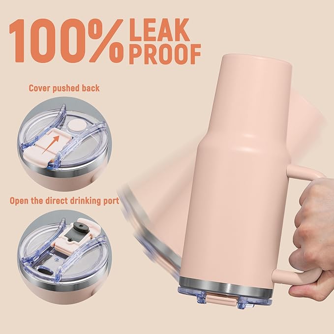 40 oz Tumbler with Handle and Straw Lid,Insulated Reusable Stainless Steel Water Bottle Travel Mug，Cupholder Friendly Double Wall Vacuum Sealed Cup (Rose Quartz)