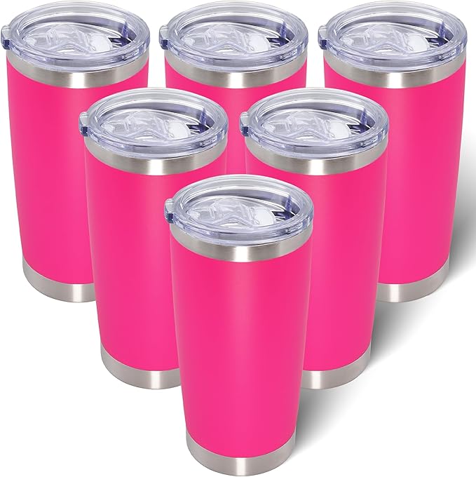 20oz Tumbler Bulk Stainless Steel Tumblers with Lid Vacuum Insulated Double Wall Travel Coffee Mug Powder Coated Tumbler Cup for Hot and Cold Drinks(Hot Pink, 6 pack)