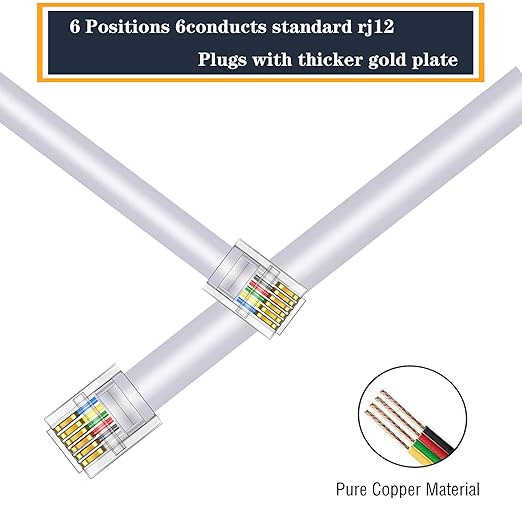 LanSenSu RJ12 Cable Phone Cord RJ12 6P6C Male to Male Straight Wired for Both Data and Voice Use - 2Pack (White, 3.3FT)