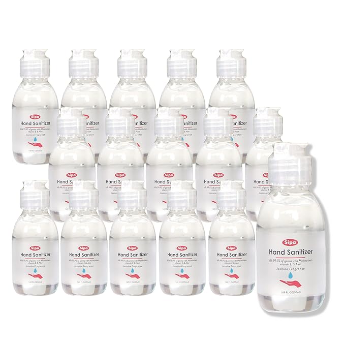SIPA Hand Sanitizer 1.69 oz/ 50 ml, Travel Size, Jasmine Scent, Flip Cap Bottle each, Refreshing Soothing Gel with Aloe, and Vitamin E, (Pack of 16)
