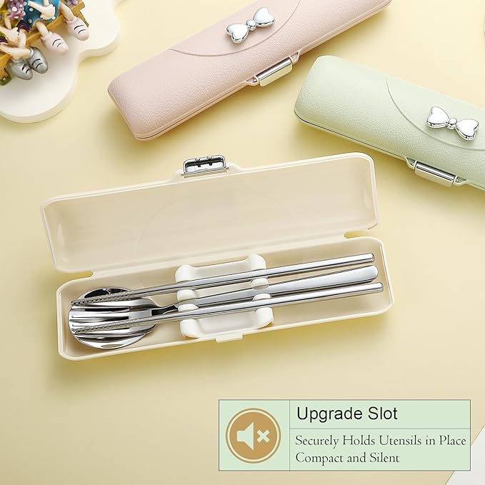 DEVICO Travel Silverware Set with Case, Portable Lunch Utensils Set for Work, Reusable Travel Cutlery Set, 18/8 Stainless Steel Flatware for Caming School Picnic, Dishwasher Safe (Light Yellow)