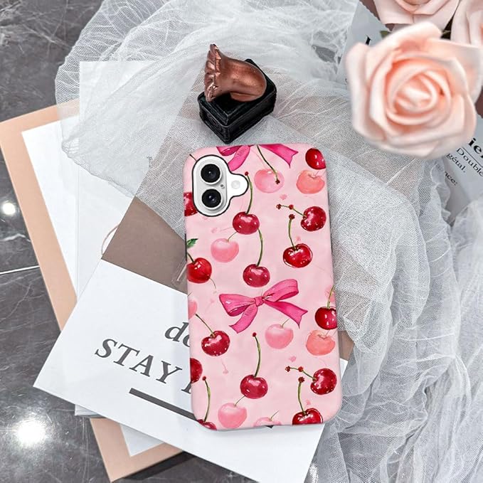 DAIZAG Case Compatible with for iPhone 16 Plus,Cherry Pink Bow Ribbon Phone Case for iPhone 16 Plus for Girl Women Boy Men
