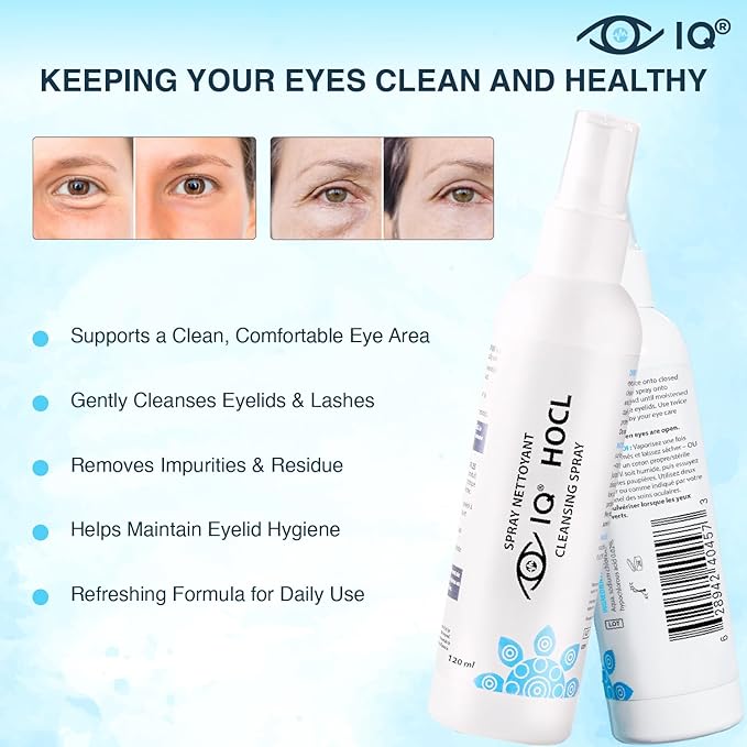 IQ HOCL PURE Eyelid Cleansing Spray – 0.02% Hypochlorous Acid – Gentle Hydrating Formula for Daily Eyelid Hygiene – Doctor Recommended, Alcohol-Free, Additive-Free – Made in Canada