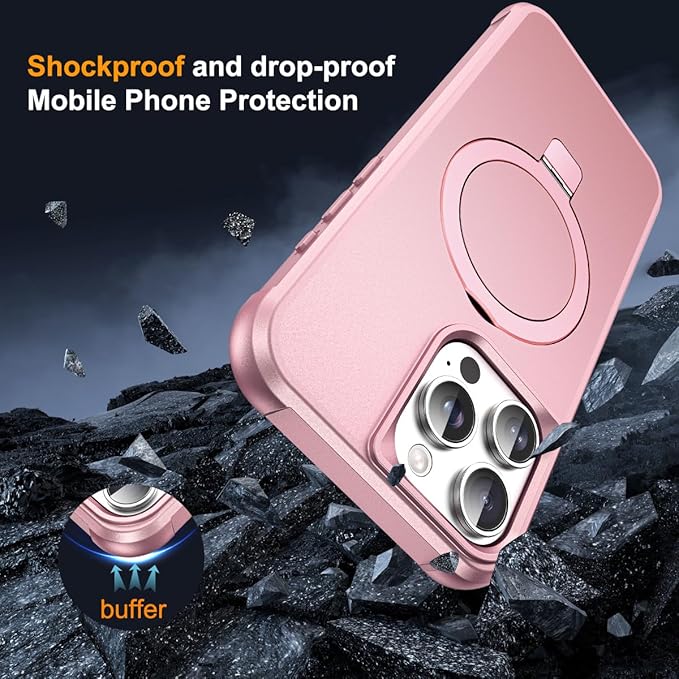 Compatible with iPhone 12 Pro Max Case & iPhone 13 Pro Max Case 6.7" with Magnetic O-Ring Stand [Compatible with Mag-Safe][Great Grip Feeling], Rose Gold