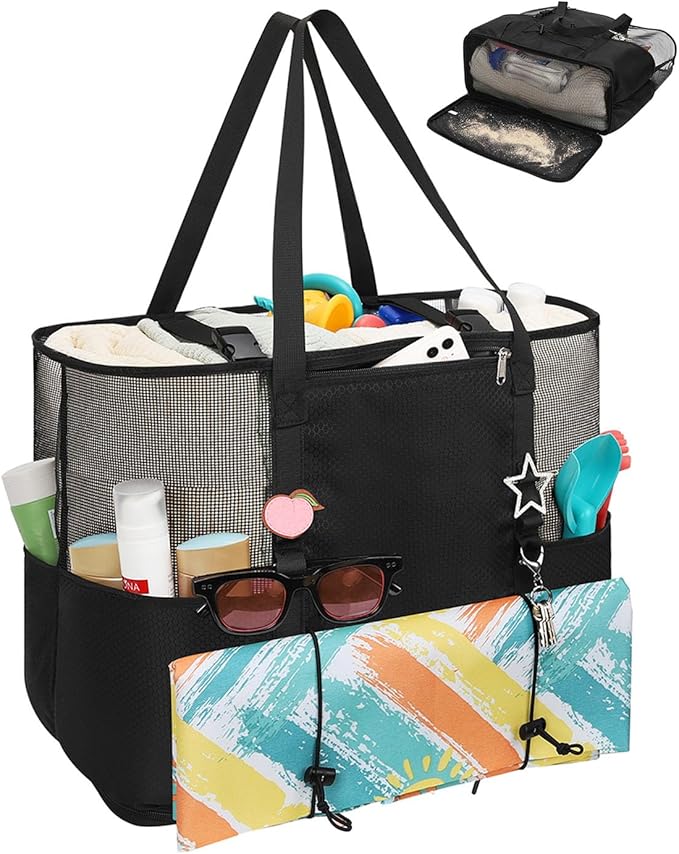 Mesh Beach Bag, Extra Large Beach Bags for Women, Lightweight Foldable Sandproof Tote Bag for Family & Vacation
